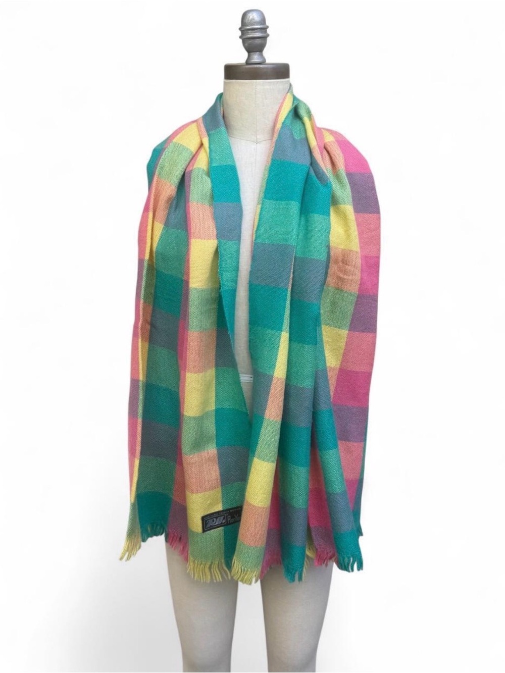 Colorblock Plaid Oblong Woven Scarf in Teal, Pink & Yellow Bright Pastels Fringe